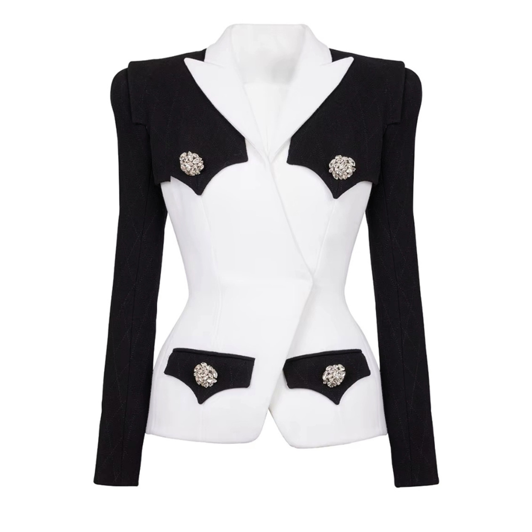 Long Sleeve Crystal Button Blazer Black White