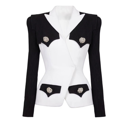 Long Sleeve Crystal Button Blazer Black White