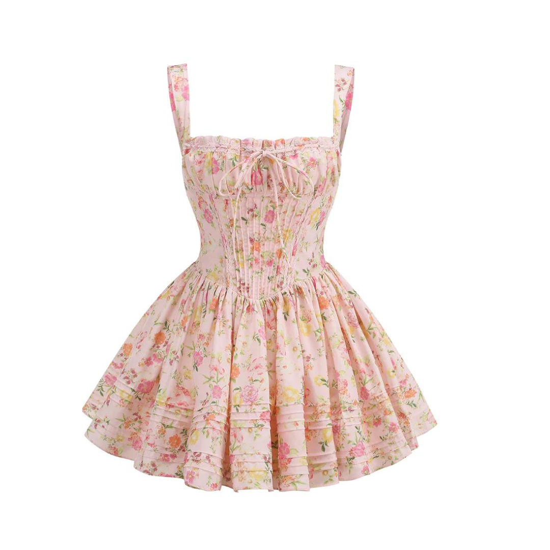 Floral Bustier A Line Dress Pink HV1292