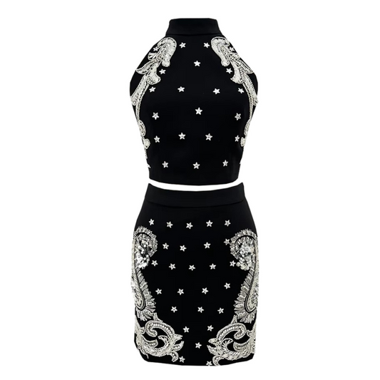 Halter Crystal Two Piece Dress Black