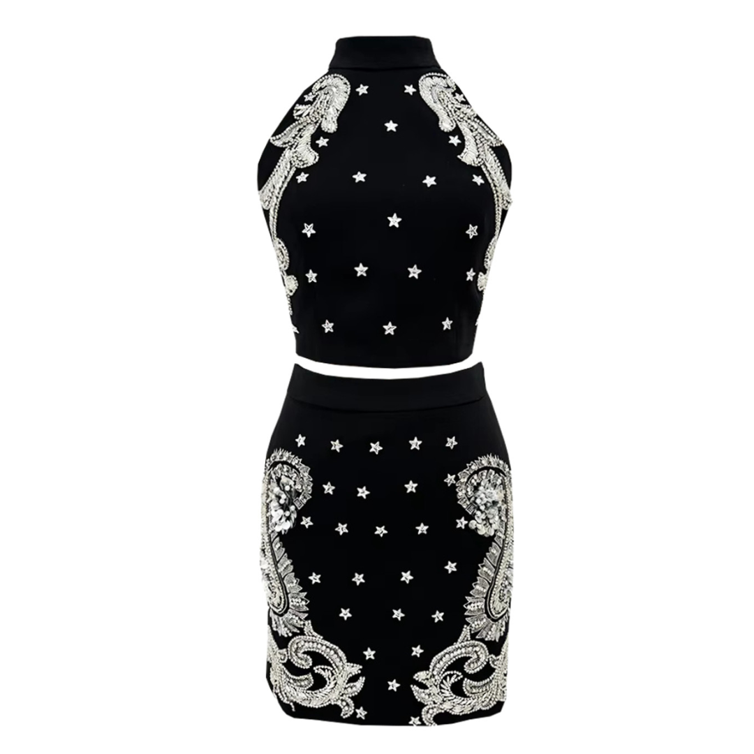 Halter Crystal Two Piece Dress Black