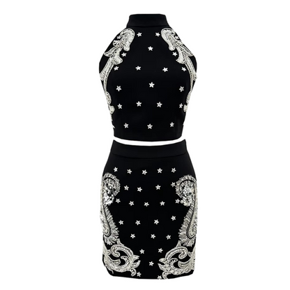 Halter Crystal Two Piece Dress Black