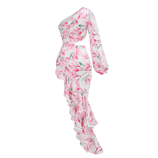 One Sleeve Floral Ruffle Maxi Dress Rose Pink HV1367