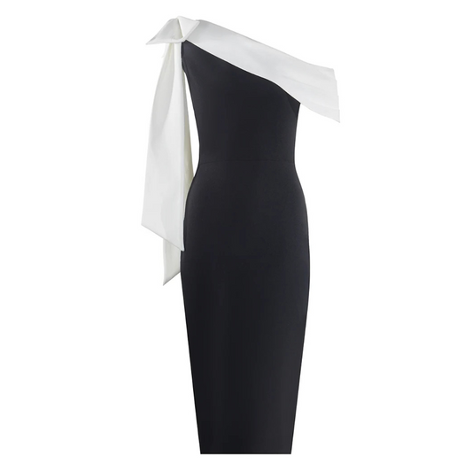 One Shoulder Bow Detail Midi Dress Black White