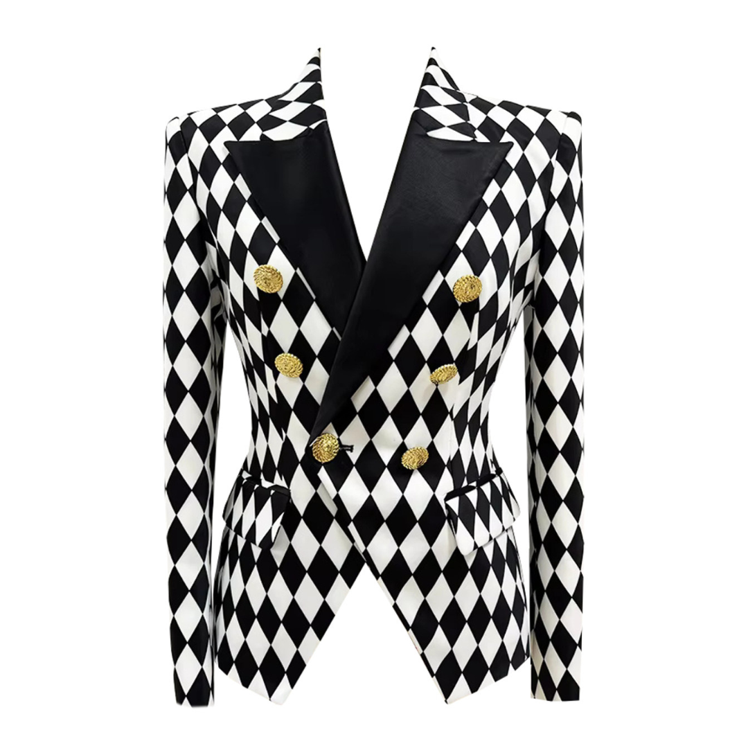 Long Sleeve Diamond Blazer Black White
