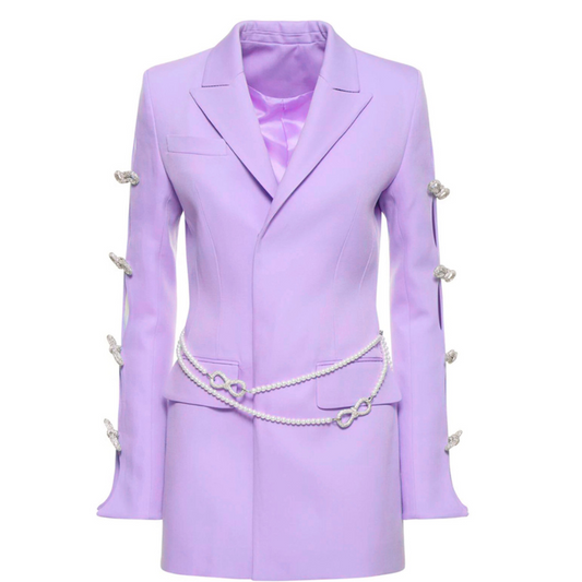 Long Sleeve Crystal Bow Blazer Dress Lavender