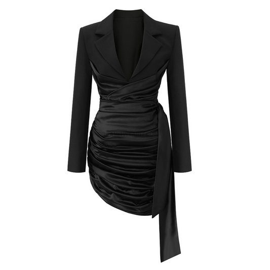 Long Sleeve Draped Silk Blazer Dress Black