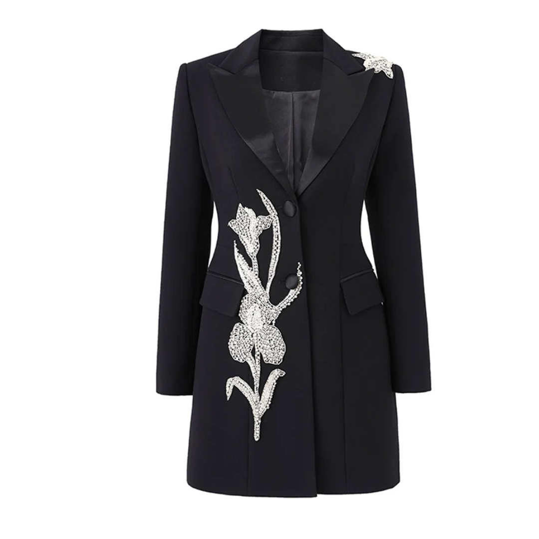 Long Sleeve Crystal Floral Blazer Black