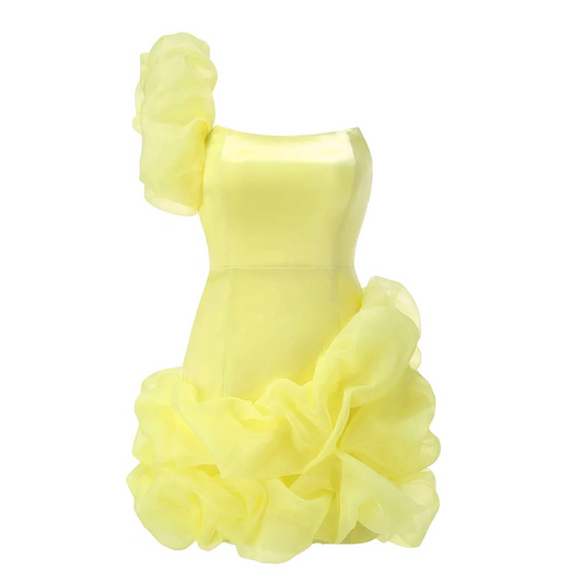 One Shoulder Puff Dress Yellow