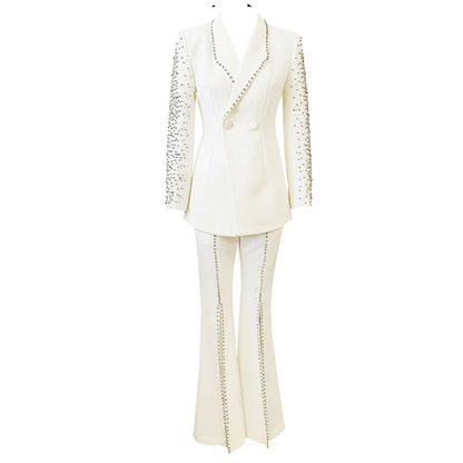Long Sleeve Crystal Studded Suit White