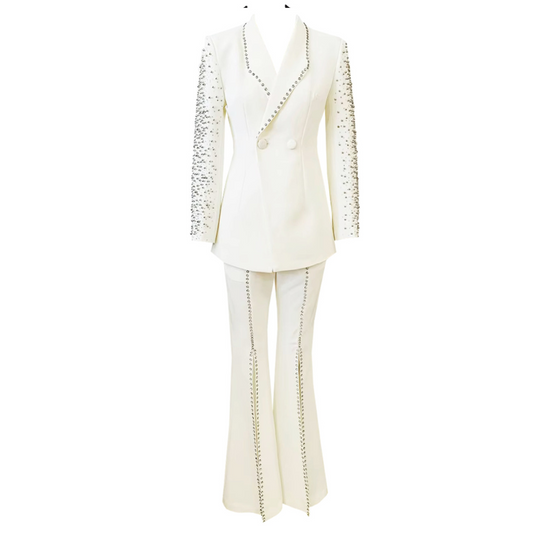 Long Sleeve Crystal Studded Suit White