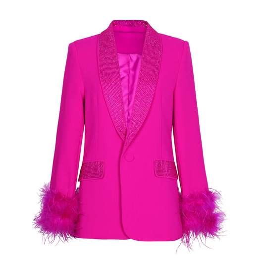 Long Sleeve Feather Crystal Blazer Hot Pink