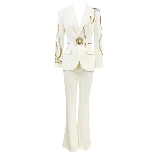 Long Sleeve Belt Crystal Suit