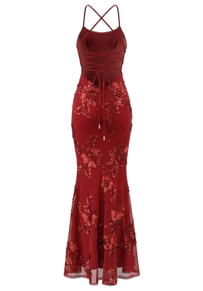 Halter Floral Strappy Backless Maxi Dress Red HV2963