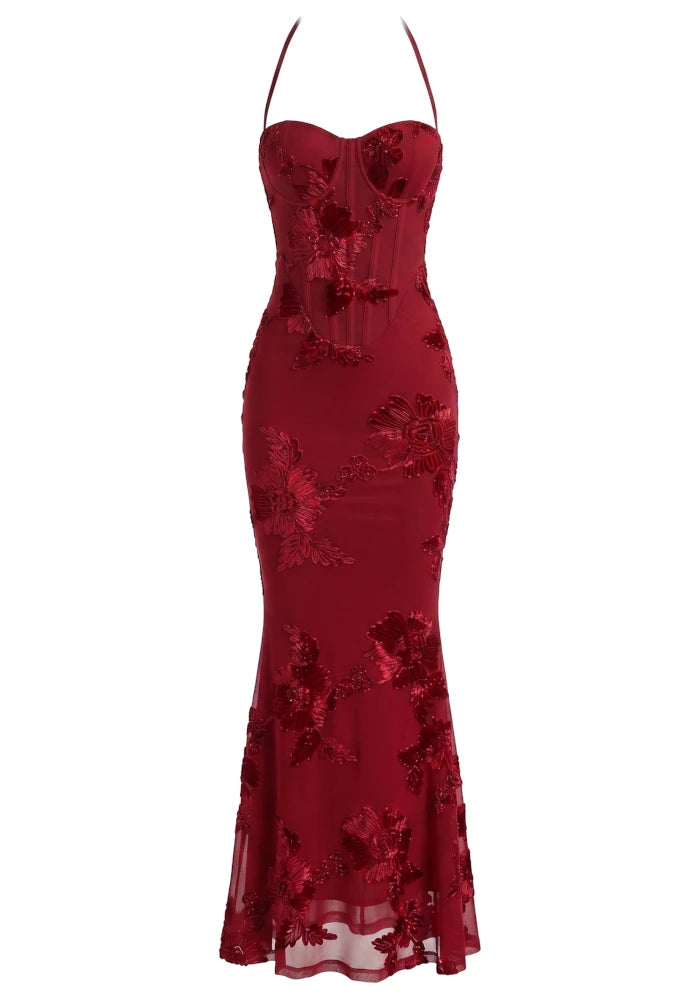 Halter Floral Strappy Backless Maxi Dress Red HV2963