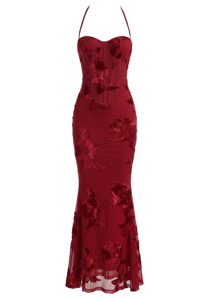 Halter Floral Strappy Backless Maxi Dress Red HV2963