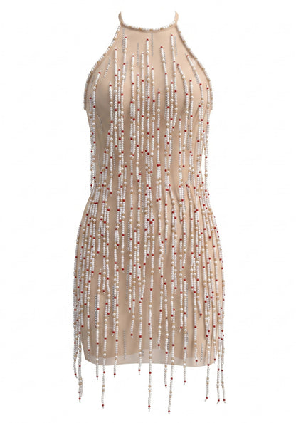 Halter Beaded Tassel Dress Nude HV3028