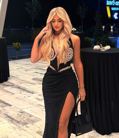 Halter Crystal Bustier Lace Maxi Dress Black HV2019