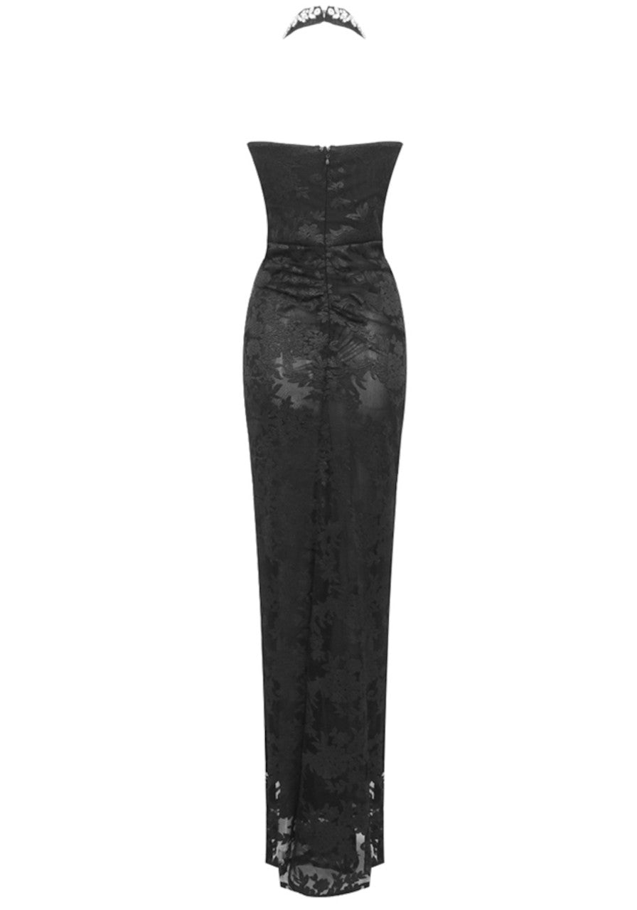 Halter Crystal Bustier Lace Maxi Dress Black HV2019