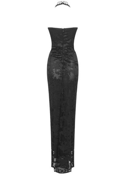 Halter Crystal Bustier Lace Maxi Dress Black HV2019