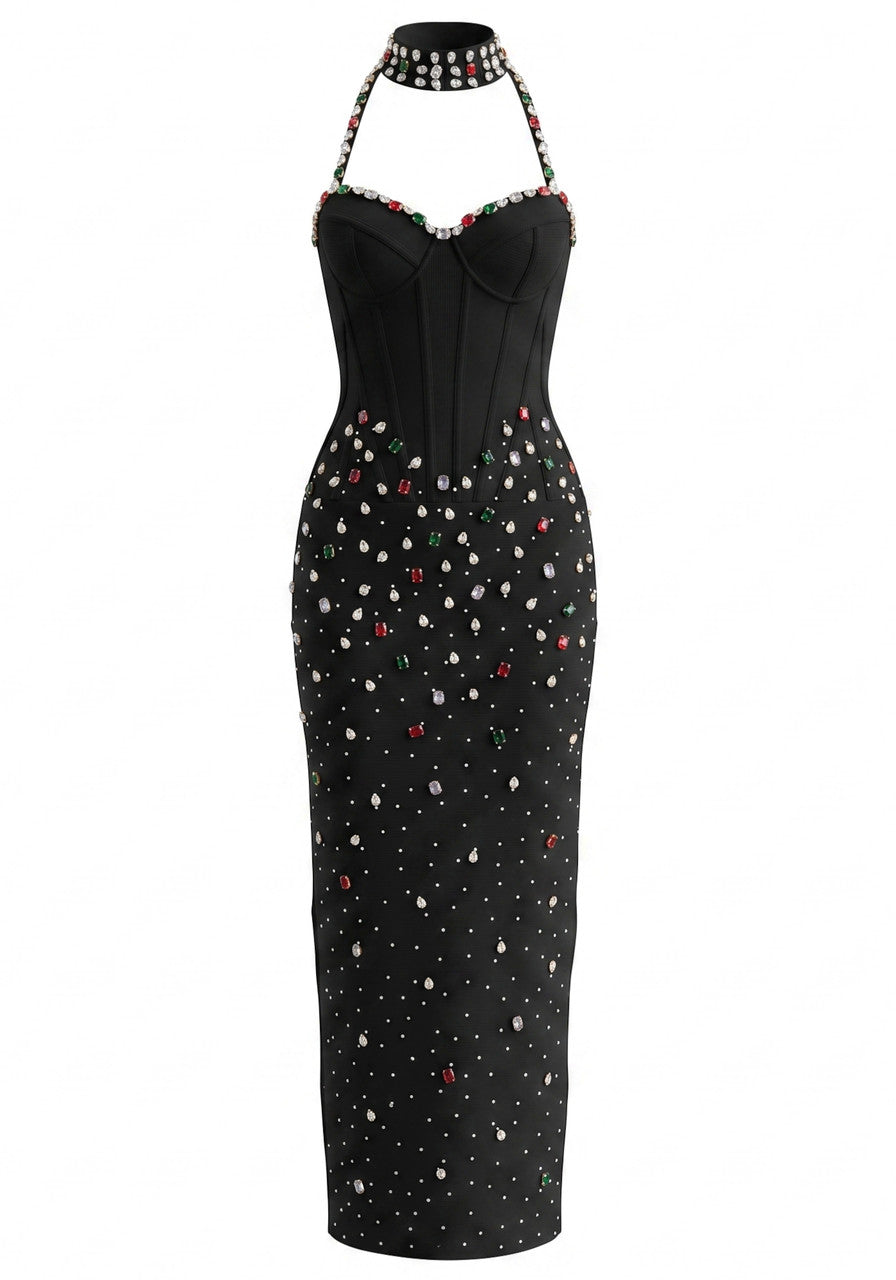 Halter Crystal Structured Bustier Maxi Dress Black HV3092