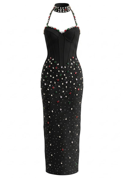 Halter Crystal Structured Bustier Maxi Dress Black HV3092