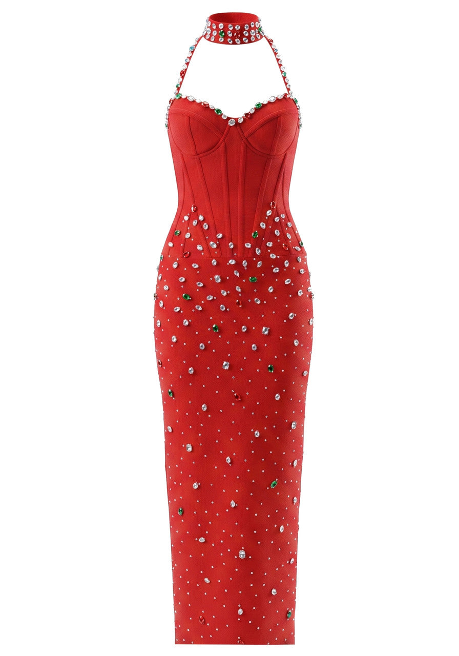Halter Crystal Structured Bustier Maxi Dress HV3092
