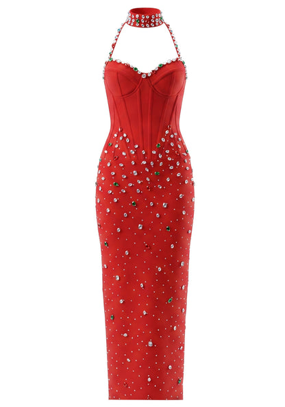 Halter Crystal Structured Bustier Maxi Dress HV3092