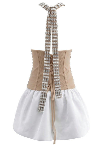 Halter Crystal Corset Bubble Dress Nude White HV3005