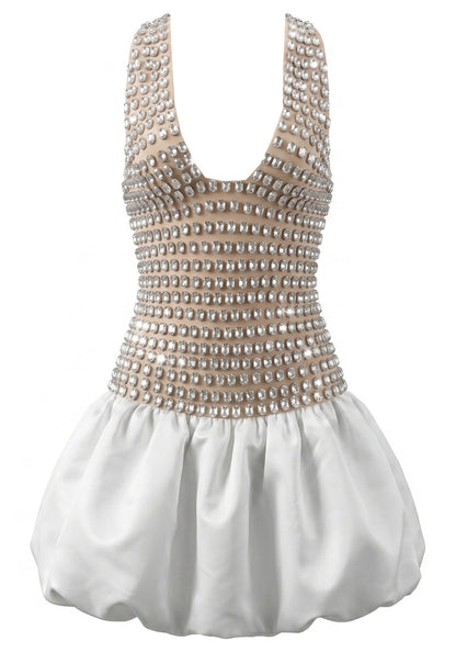 Halter Crystal Corset Bubble Dress Nude White HV3005