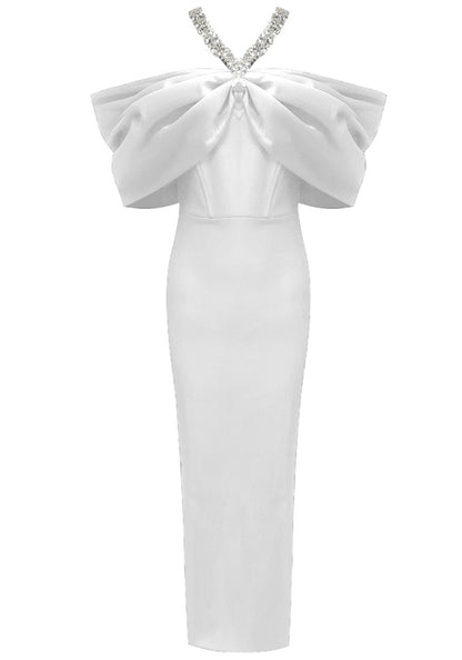 Halter Crystal Draped Bardot Maxi Dress