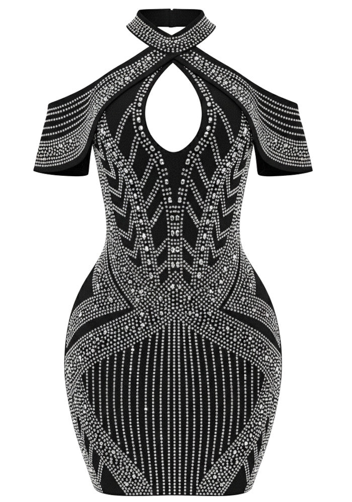 Halter Crystal Embellished Dress Black HV2638