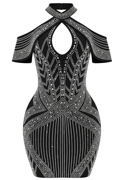 Halter Crystal Embellished Dress Black HV2638