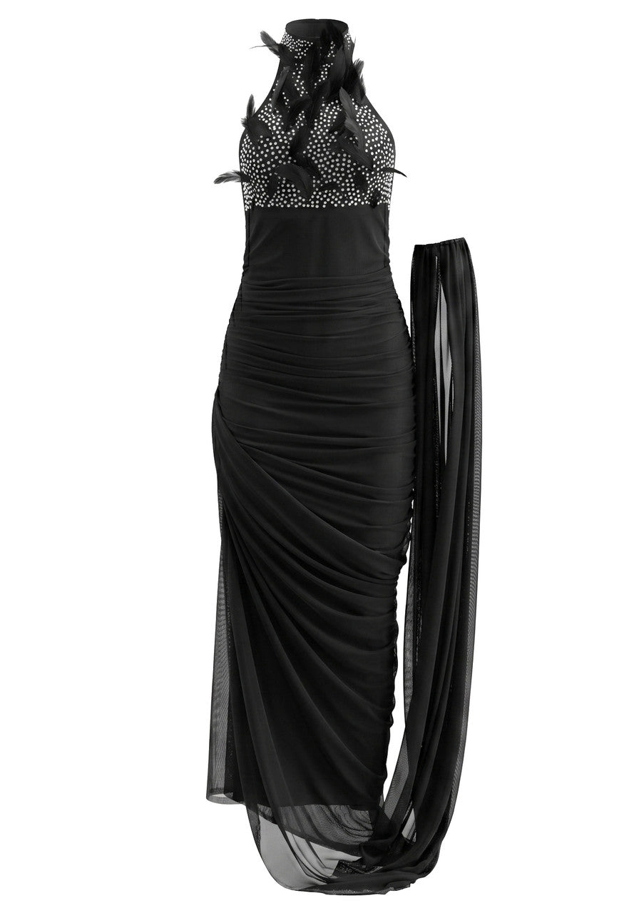 Halter Crystal Feather Draped Mesh Maxi Dress Black HV3081