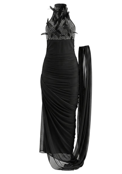 Halter Crystal Feather Draped Mesh Maxi Dress Black HV3081
