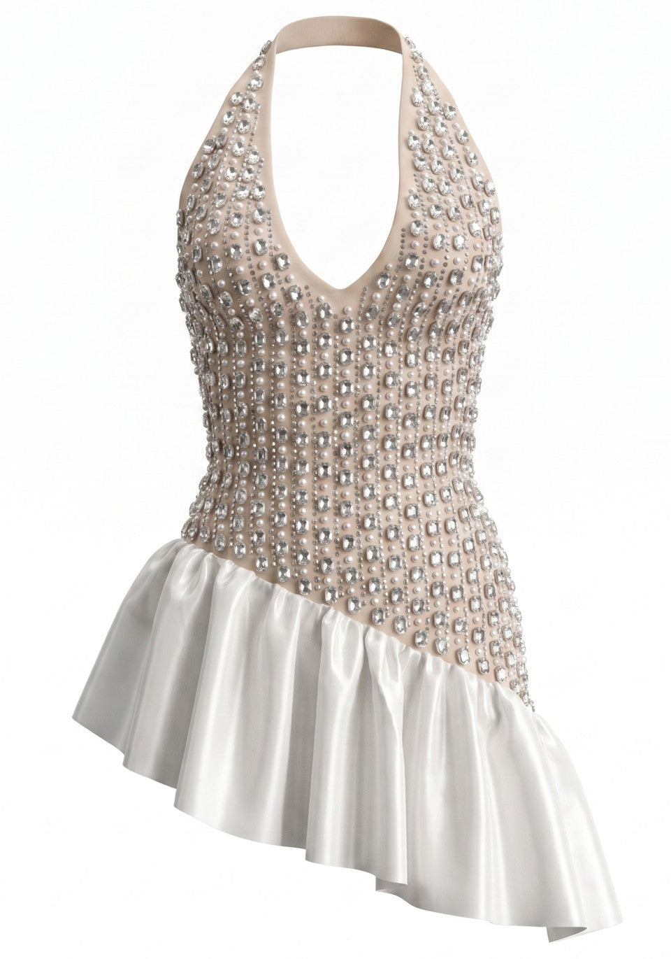 Halter Crystal Ruffle Dress Nude White HV3027