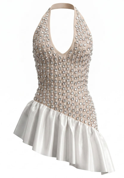 Halter Crystal Ruffle Dress Nude White HV3027