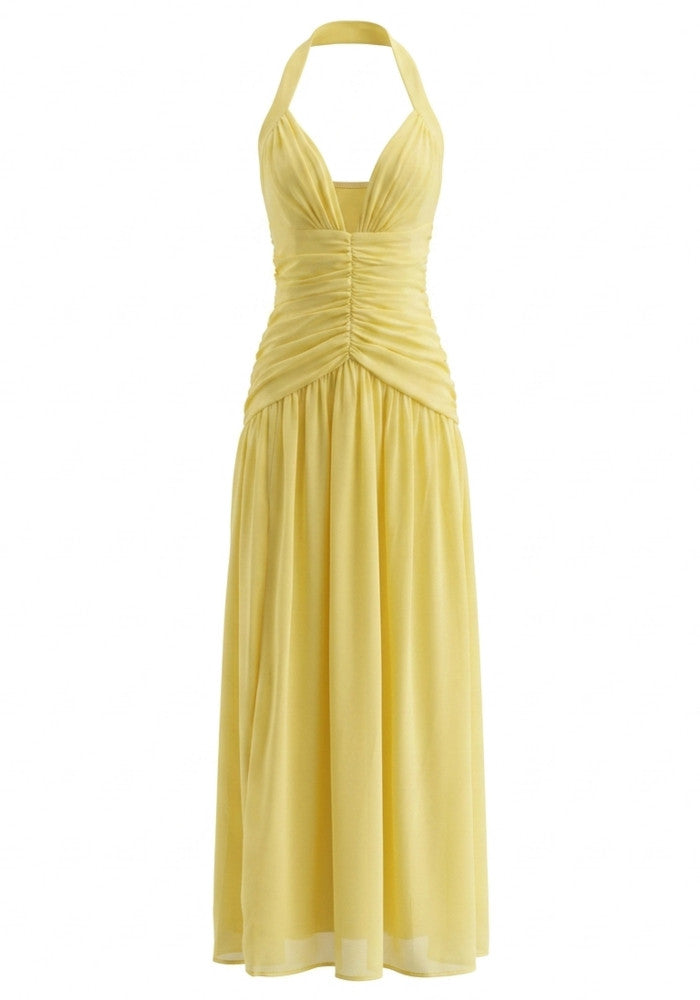 Halter Corset A Line Maxi Dress Yellow HV2960