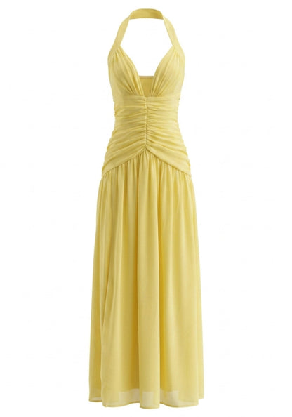 Halter Corset A Line Maxi Dress Yellow HV2960