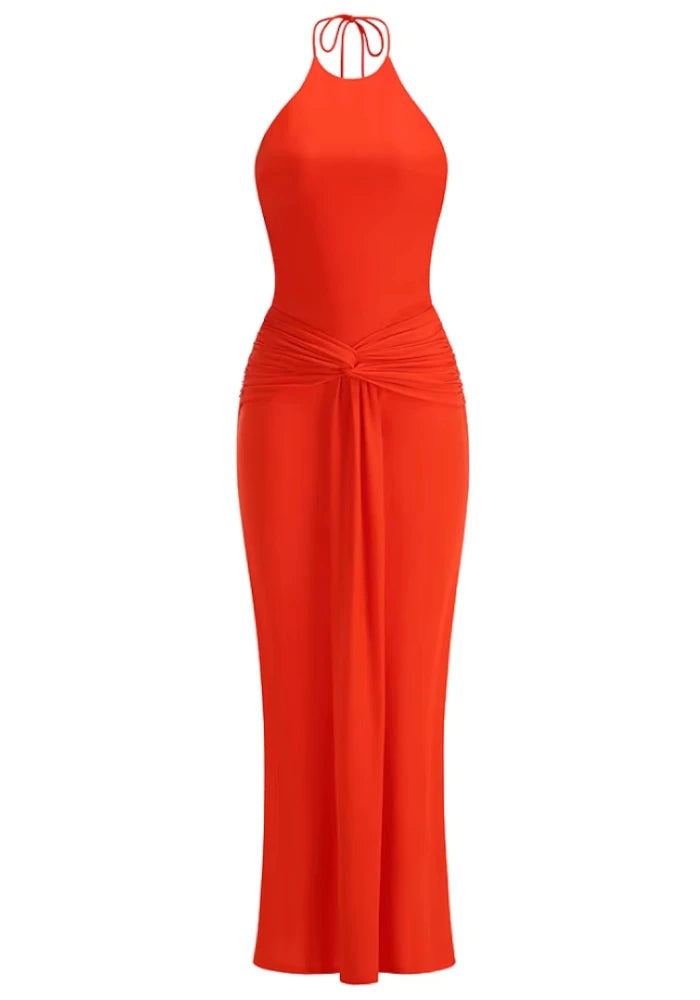 Halter Backless Draped Maxi Dress Coral Red HV2972