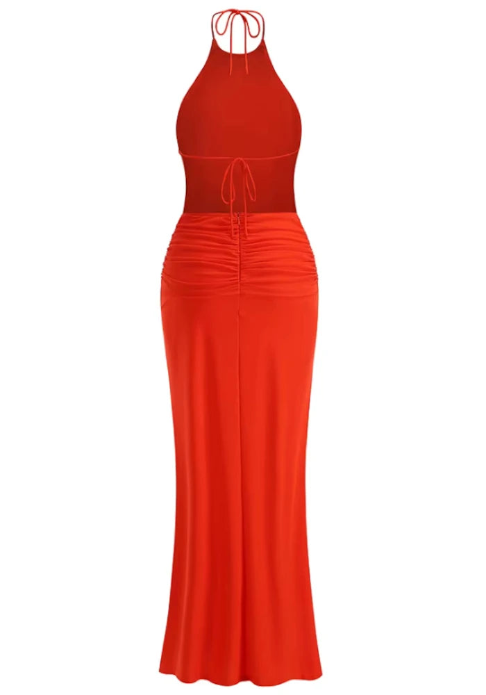 Halter Backless Draped Maxi Dress Coral Red HV2972