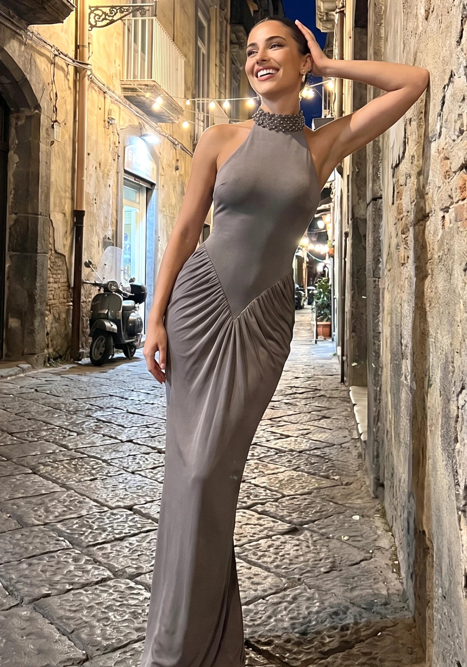 Halter Draped Maxi Dress Grey HV2954