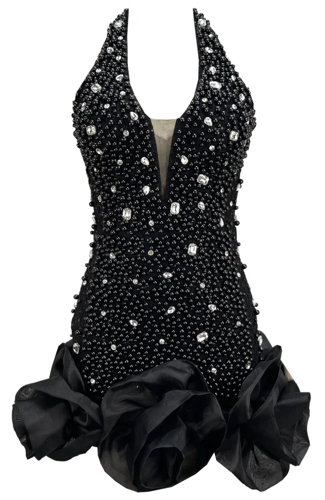 Halter Embellished Floral Hem Dress Black HV2494