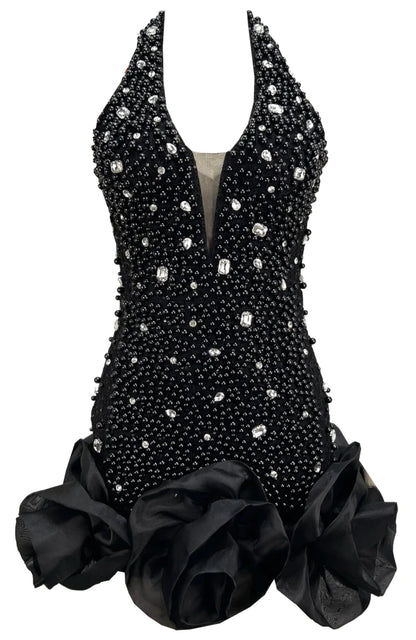 Halter Embellished Floral Hem Dress Black HV2494