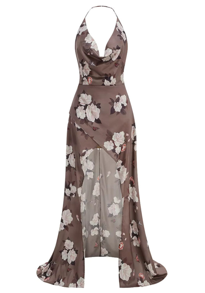 Halter Floral Maxi Dress Brown HV3086