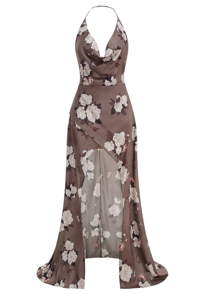 Halter Floral Maxi Dress Brown HV3086