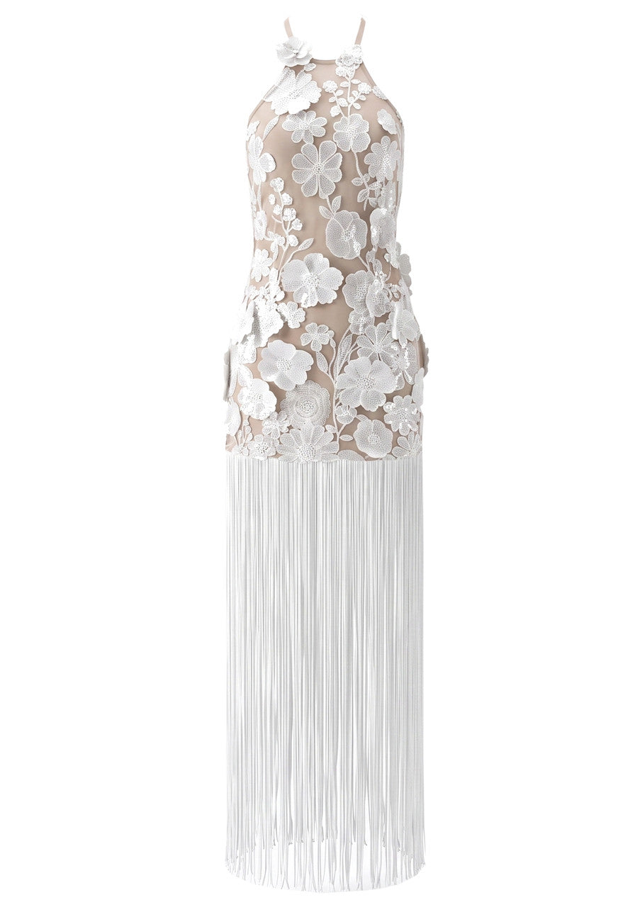 Halter Floral Tassel Maxi Dress White HV3127