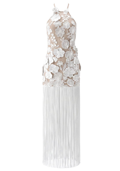 Halter Floral Tassel Maxi Dress White HV3127