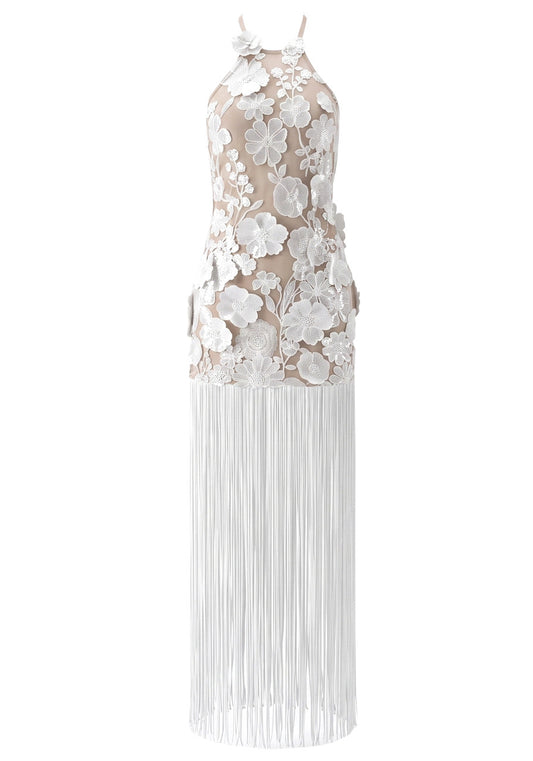 Halter Floral Tassel Maxi Dress White HV3127