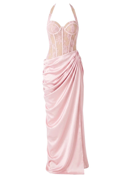 Halter Lace Corset Draped Maxi Dress HV3191